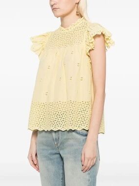 Ulla Johnson Yellow Kassi Top Eyelet Ruffle Flutter Sleeve Babydoll Blouse NWOT